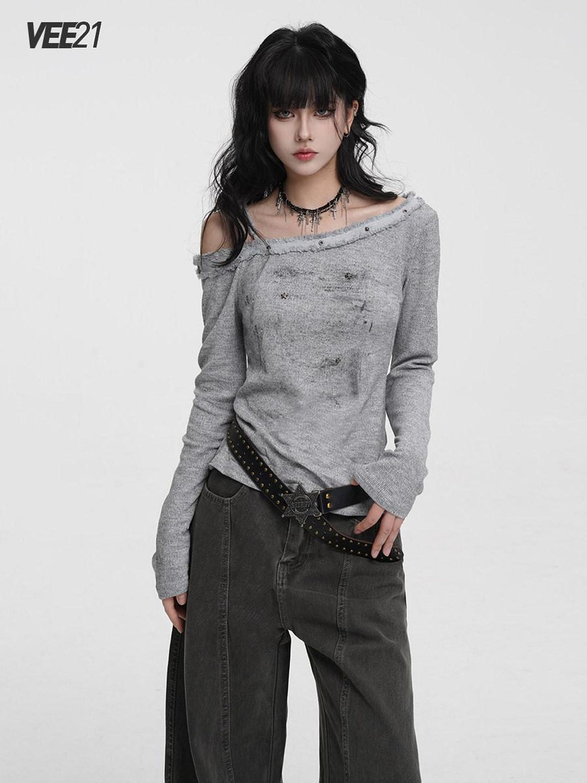 VEEMIX Frayed Hem One Shoulder Studded Hand Painted Women's Long Sleeve T-shirts