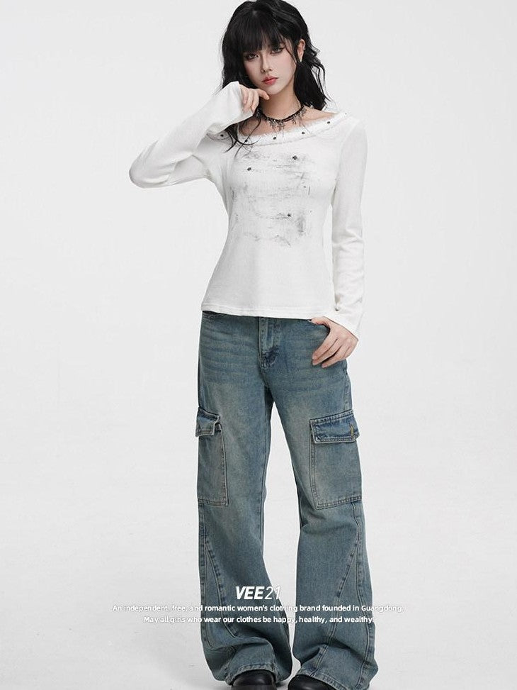 VEEMIX Frayed Hem One Shoulder Studded Hand Painted Women's Long Sleeve T-shirts