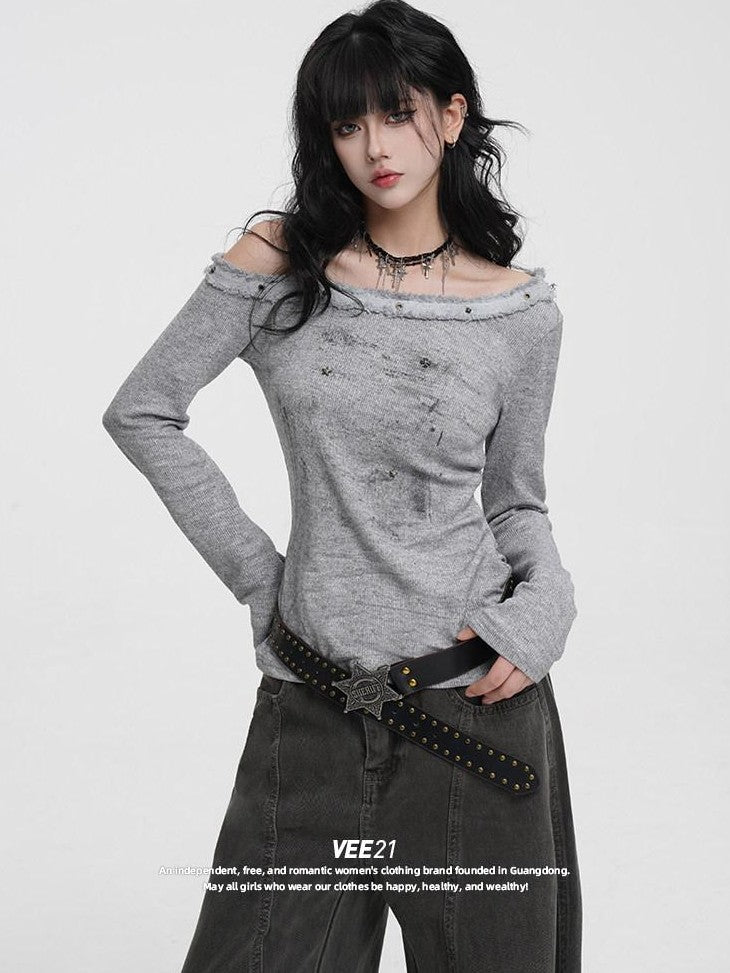VEEMIX Frayed Hem One Shoulder Studded Hand Painted Women's Long Sleeve T-shirts