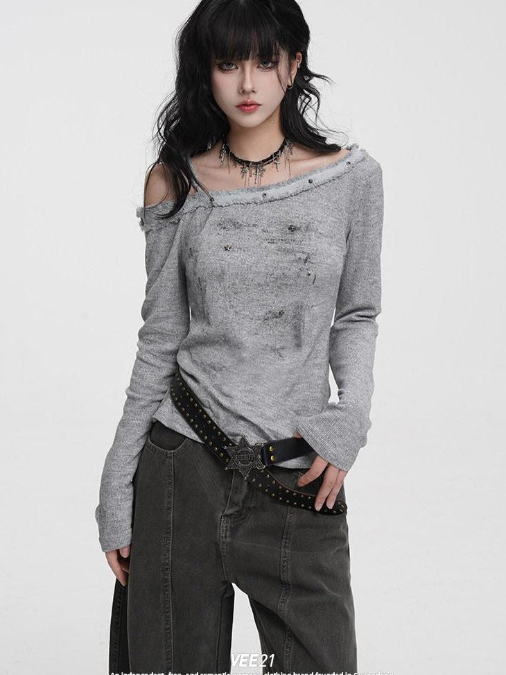 VEEMIX Frayed Hem One Shoulder Studded Hand Painted Women's Long Sleeve T-shirts