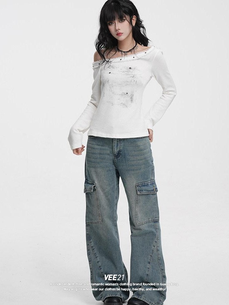 VEEMIX Frayed Hem One Shoulder Studded Hand Painted Women's Long Sleeve T-shirts