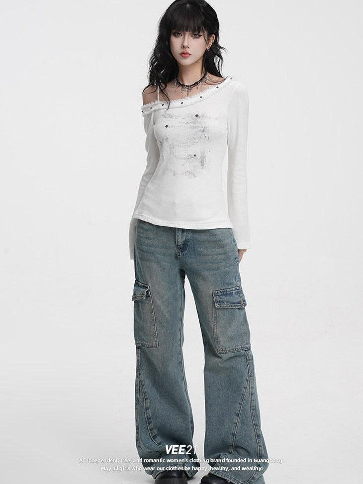 VEEMIX Frayed Hem One Shoulder Studded Hand Painted Women's Long Sleeve T-shirts