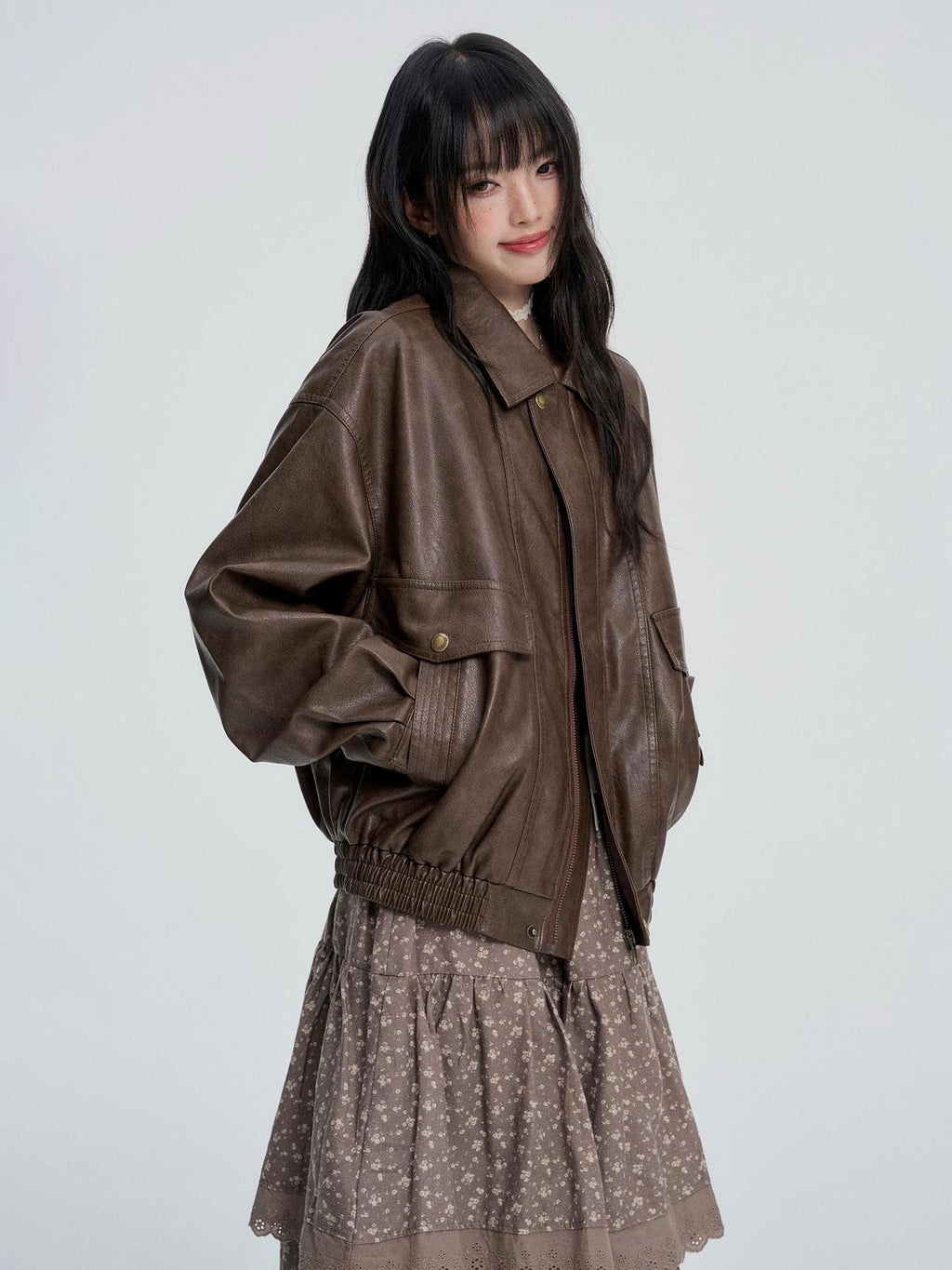 VEEMIX Glossy Faux Leather Metal Cuff Loose Fit Women's Leather Jackets