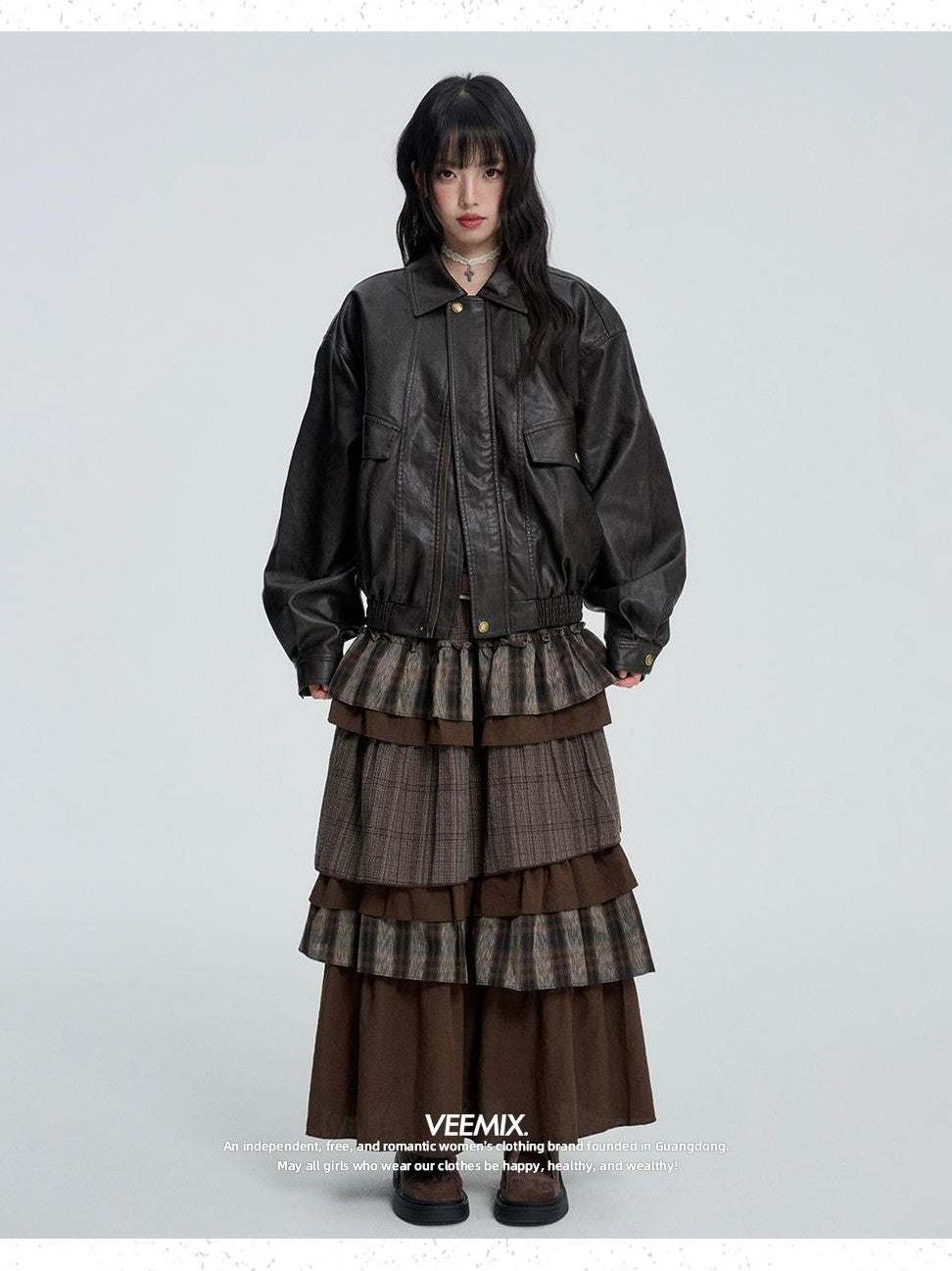 VEEMIX Glossy Faux Leather Metal Cuff Loose Fit Women's Leather Jackets