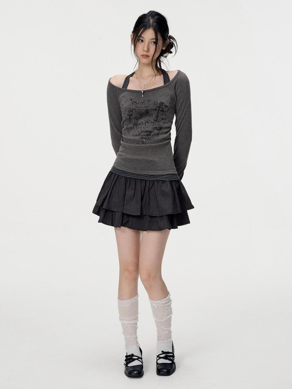 VEEMIX Gray Beaded Pleated A Line High Waist Women's Polyester Cotton Blend Mini Skirts