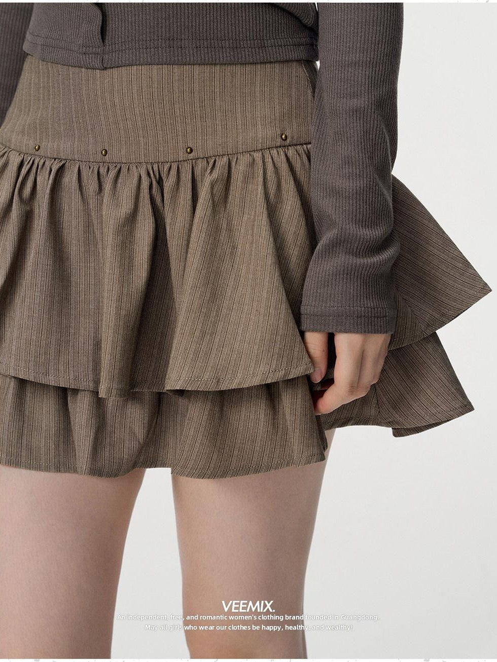 VEEMIX Gray Beaded Pleated A Line High Waist Women's Polyester Cotton Blend Mini Skirts