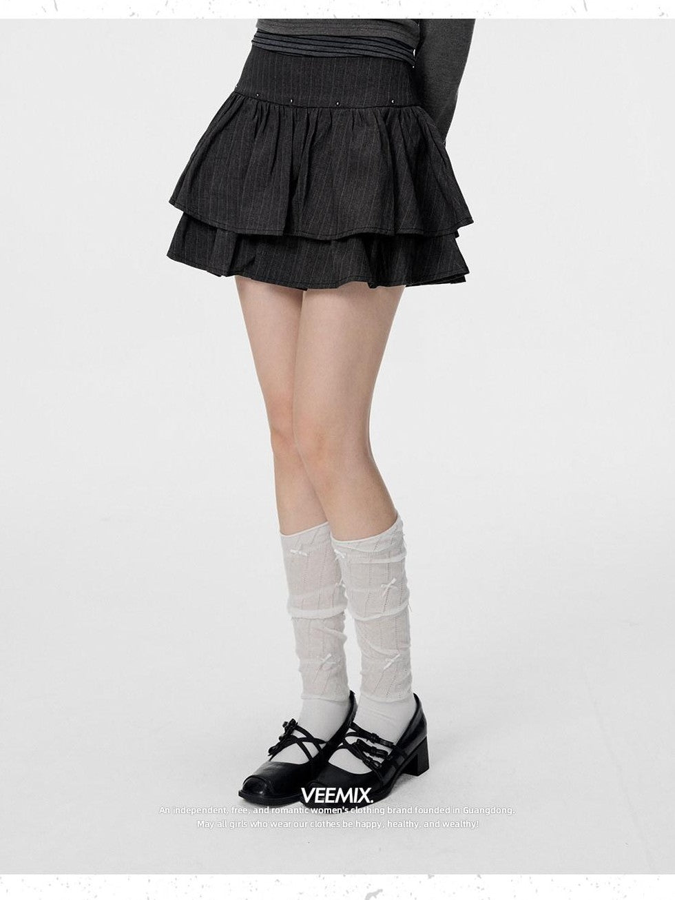 VEEMIX Gray Beaded Pleated A Line High Waist Women's Polyester Cotton Blend Mini Skirts