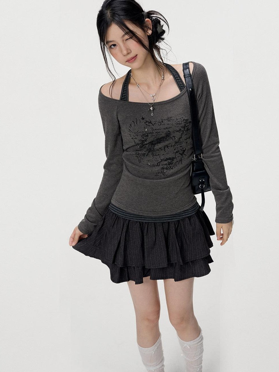 VEEMIX Gray Beaded Pleated A Line High Waist Women's Polyester Cotton Blend Mini Skirts