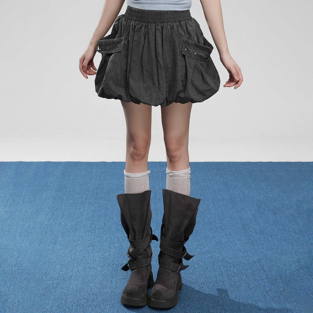 VEEMIX_Gray_Big_Pocket_Lantern_Puff_Pleated_High_Waist_Women's_Rayon_Mini_Skirts_1046110515763_MISSTT