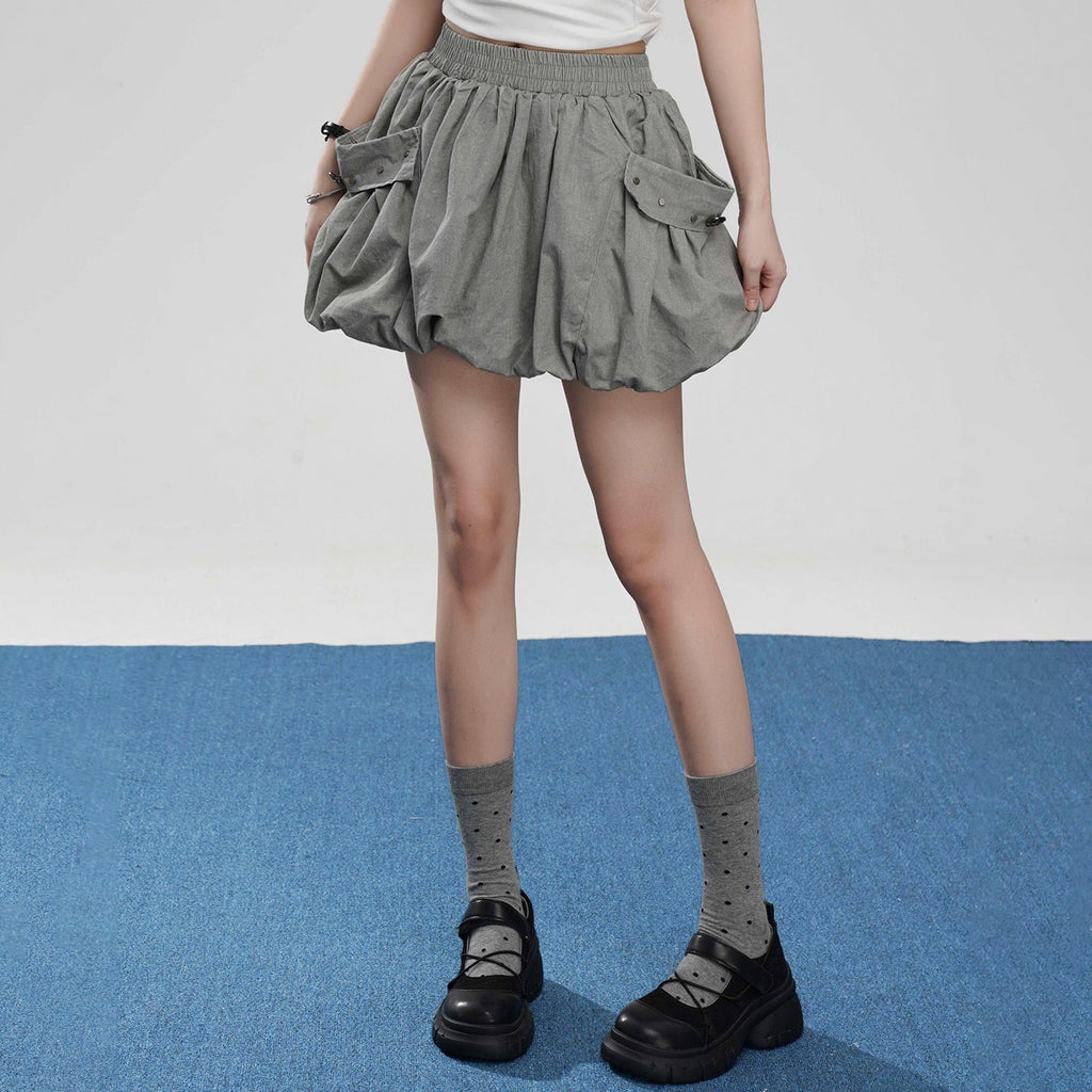 VEEMIX_Gray_Big_Pocket_Lantern_Puff_Pleated_High_Waist_Women's_Rayon_Mini_Skirts_1046110515763_MISSTT
