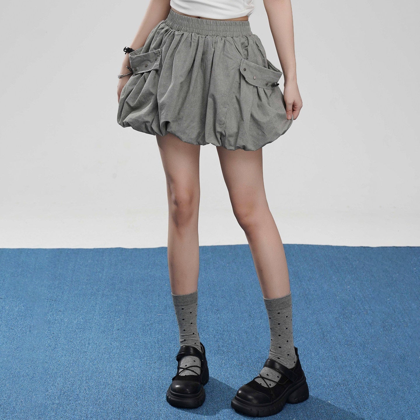 VEEMIX_Gray_Big_Pocket_Lantern_Puff_Pleated_High_Waist_Women's_Rayon_Mini_Skirts_1046110515763_MISSTT