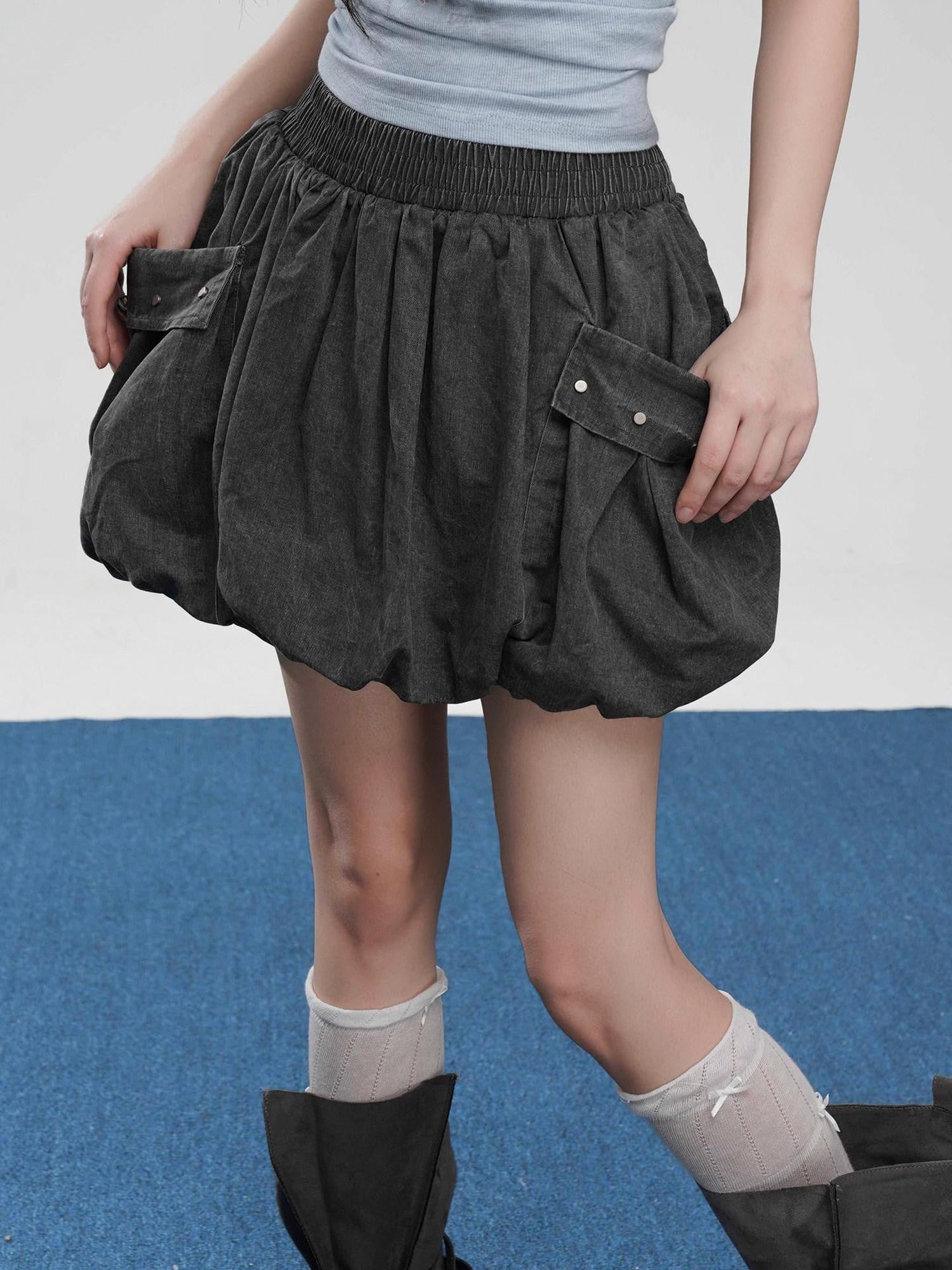 VEEMIX Gray Big Pocket Lantern Puff Pleated High Waist Women's Rayon Mini Skirts