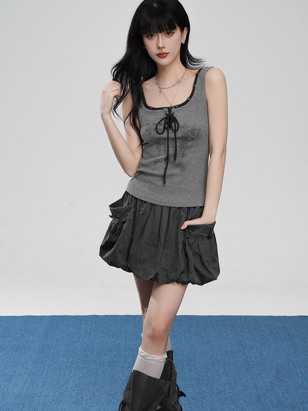 VEEMIX Gray Big Pocket Lantern Puff Pleated High Waist Women's Rayon Mini Skirts