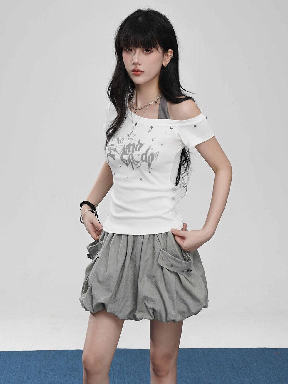 VEEMIX Gray Big Pocket Lantern Puff Pleated High Waist Women's Rayon Mini Skirts