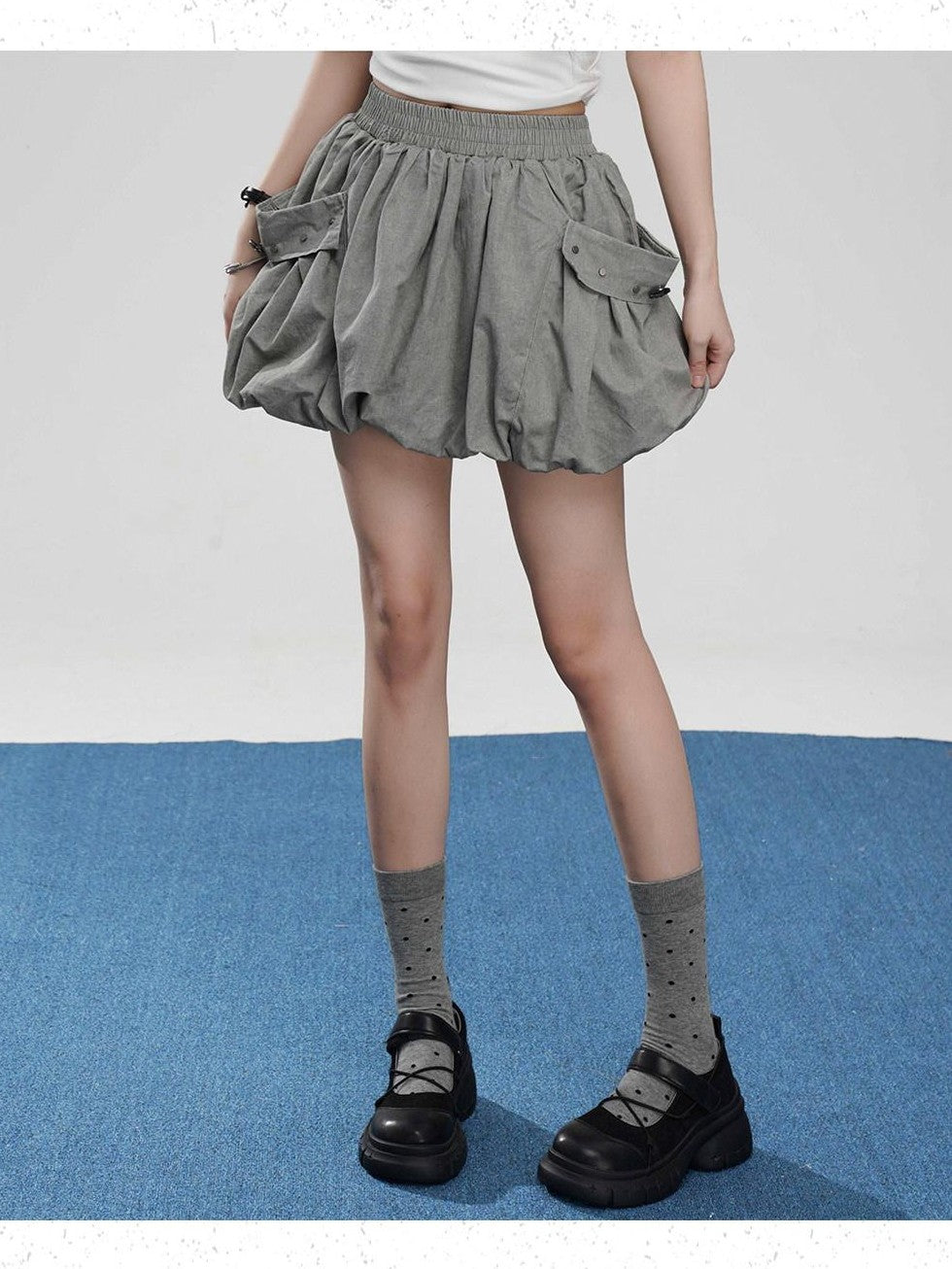 VEEMIX Gray Big Pocket Lantern Puff Pleated High Waist Women's Rayon Mini Skirts