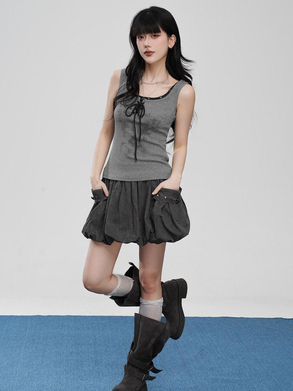 VEEMIX Gray Big Pocket Lantern Puff Pleated High Waist Women's Rayon Mini Skirts