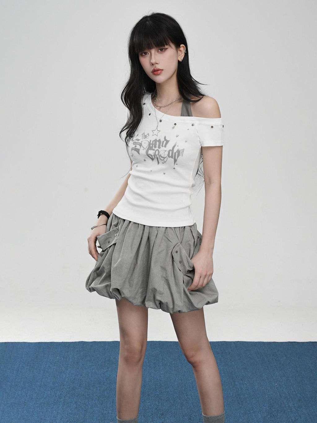 VEEMIX Gray Big Pocket Lantern Puff Pleated High Waist Women's Rayon Mini Skirts