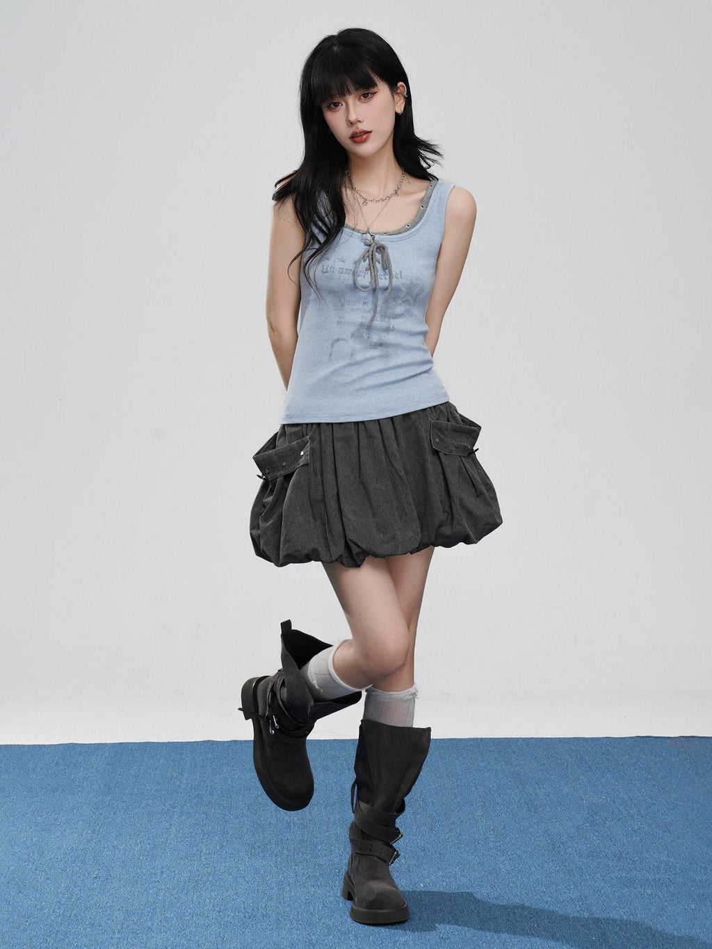VEEMIX Gray Big Pocket Lantern Puff Pleated High Waist Women's Rayon Mini Skirts