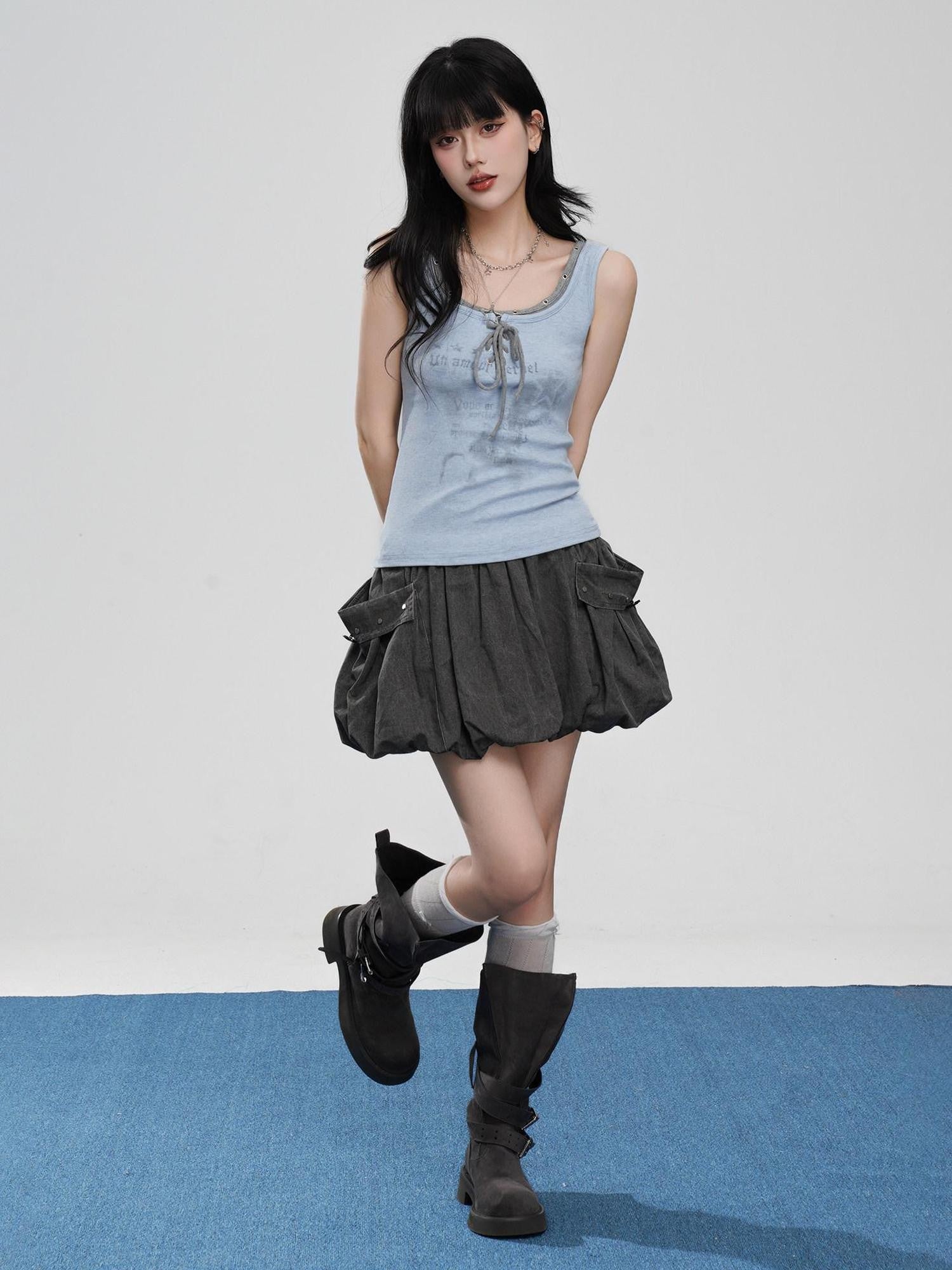 VEEMIX Gray Big Pocket Lantern Puff Pleated High Waist Women's Rayon Mini Skirts