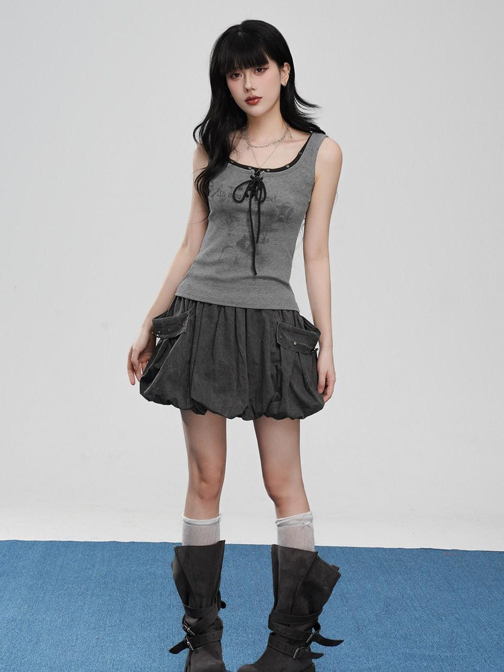 VEEMIX Gray Big Pocket Lantern Puff Pleated High Waist Women's Rayon Mini Skirts