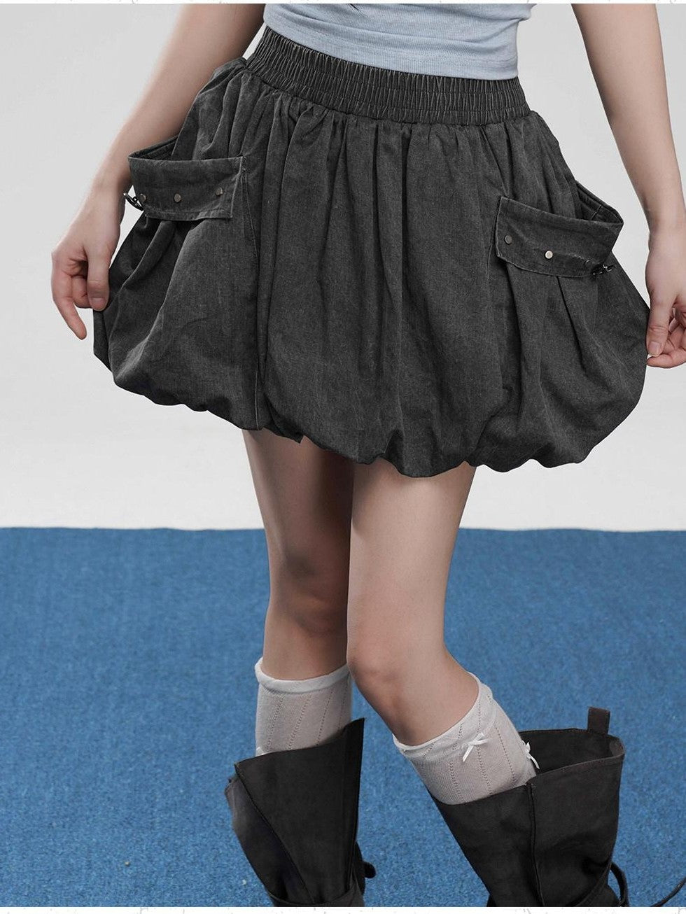VEEMIX Gray Big Pocket Lantern Puff Pleated High Waist Women's Rayon Mini Skirts