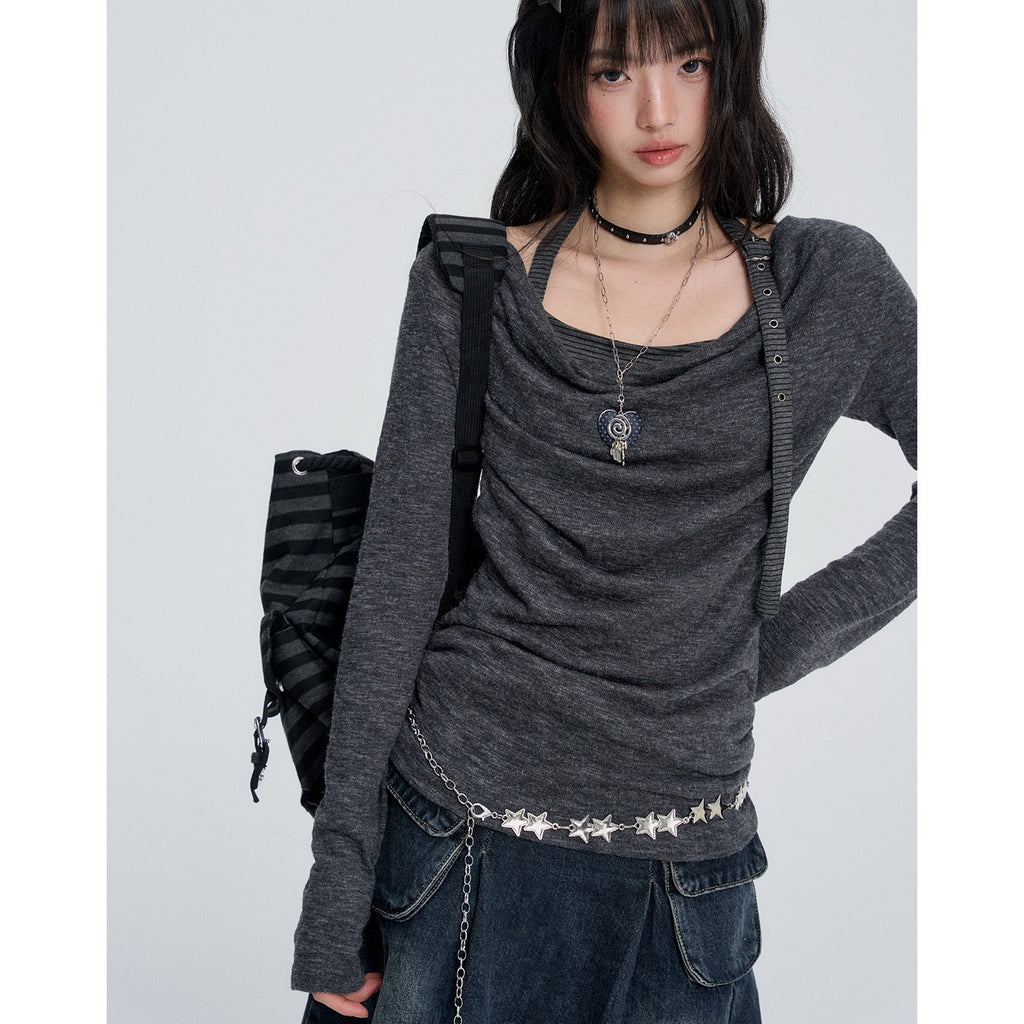 VEEMIX_Gray_Cowl_Neck_Halter_Look_Layered_Women's_Long_Sleeve_T-shirts_1083402979213_MISSTT