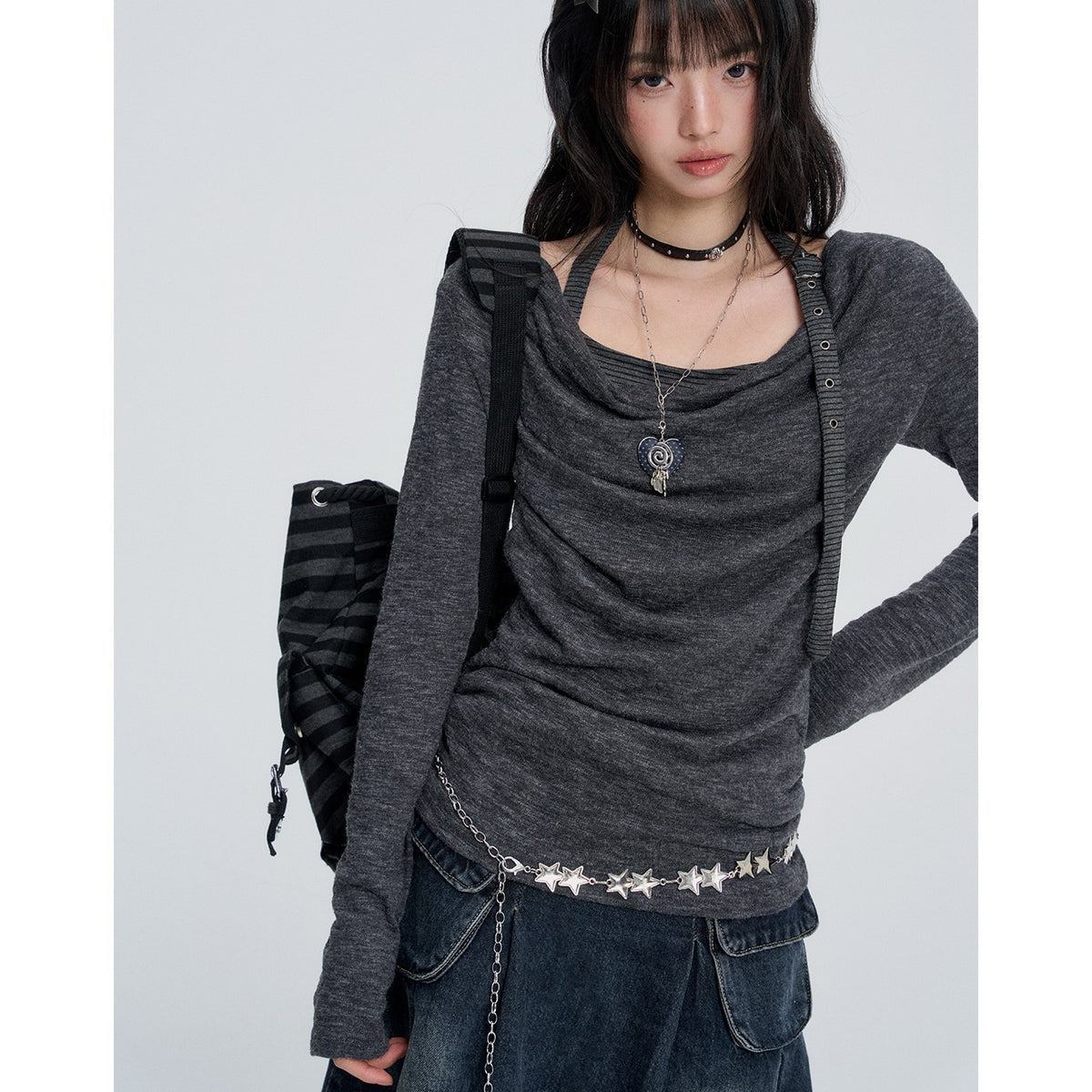 VEEMIX_Gray_Cowl_Neck_Halter_Look_Layered_Women's_Long_Sleeve_T-shirts_1083402979213_MISSTT