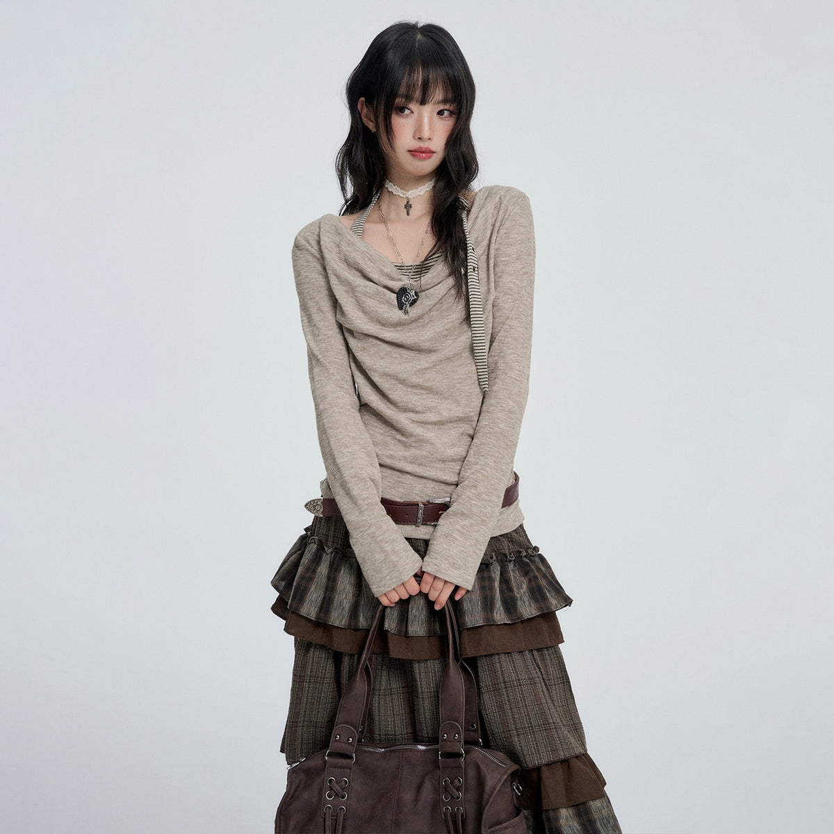 VEEMIX_Gray_Cowl_Neck_Halter_Look_Layered_Women's_Long_Sleeve_T-shirts_1083402979213_MISSTT