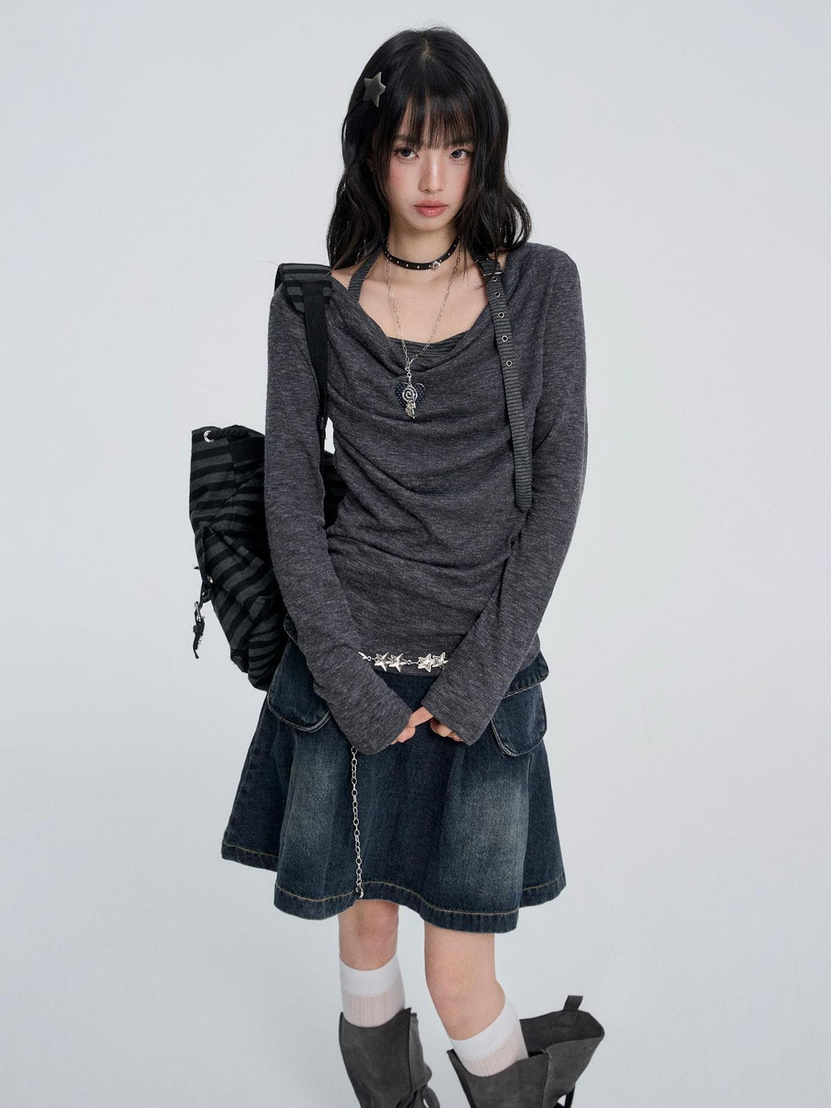 VEEMIX Gray Cowl Neck Halter Look Layered Women's Long Sleeve T-shirts