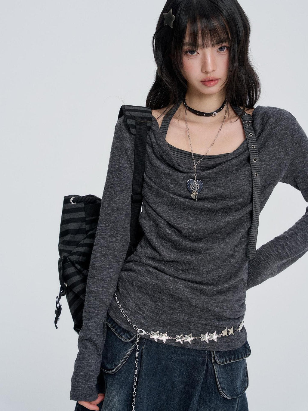 VEEMIX Gray Cowl Neck Halter Look Layered Women's Long Sleeve T-shirts