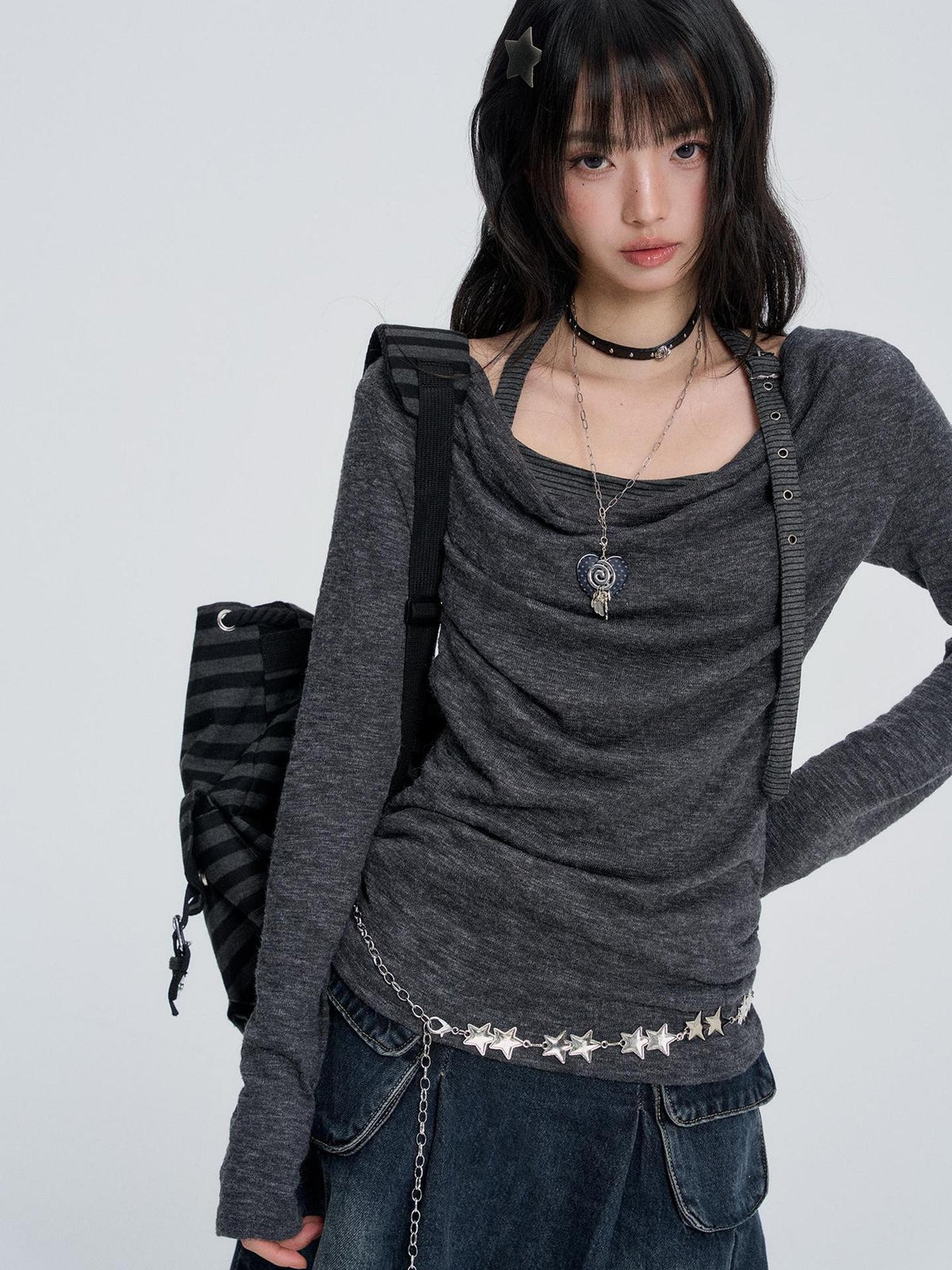 VEEMIX Gray Cowl Neck Halter Look Layered Women's Long Sleeve T-shirts