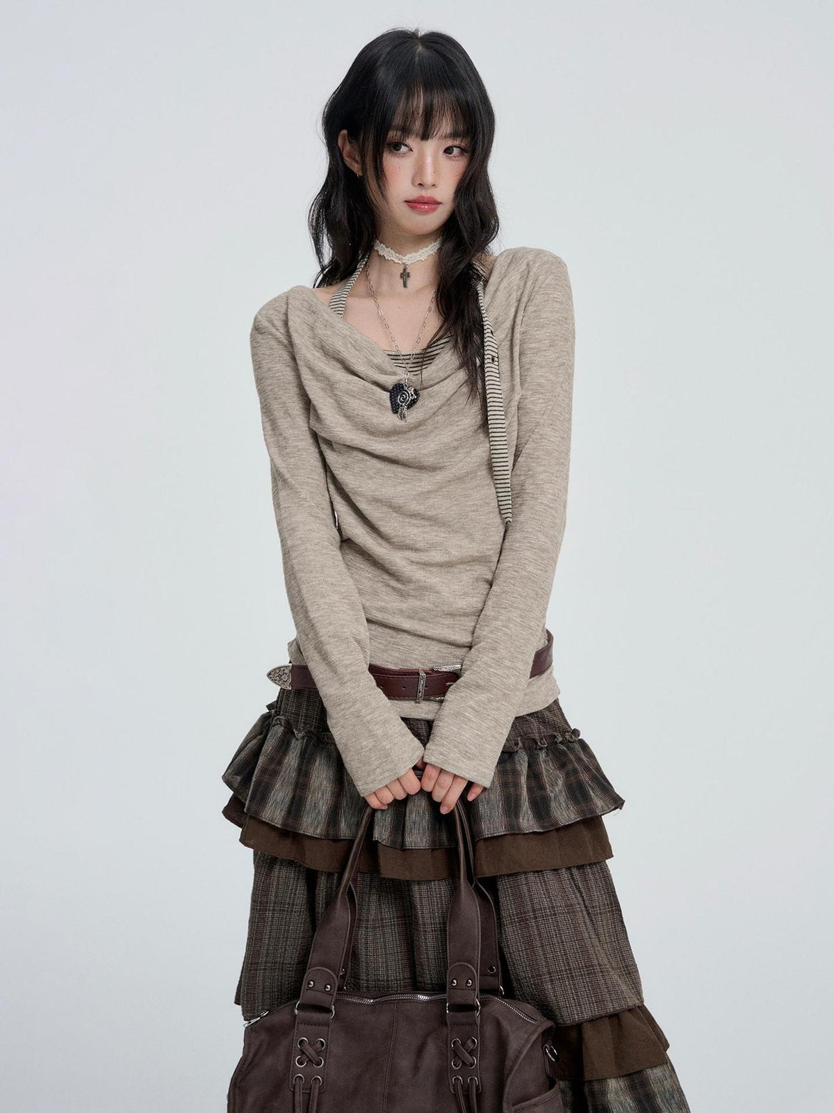 VEEMIX Gray Cowl Neck Halter Look Layered Women's Long Sleeve T-shirts