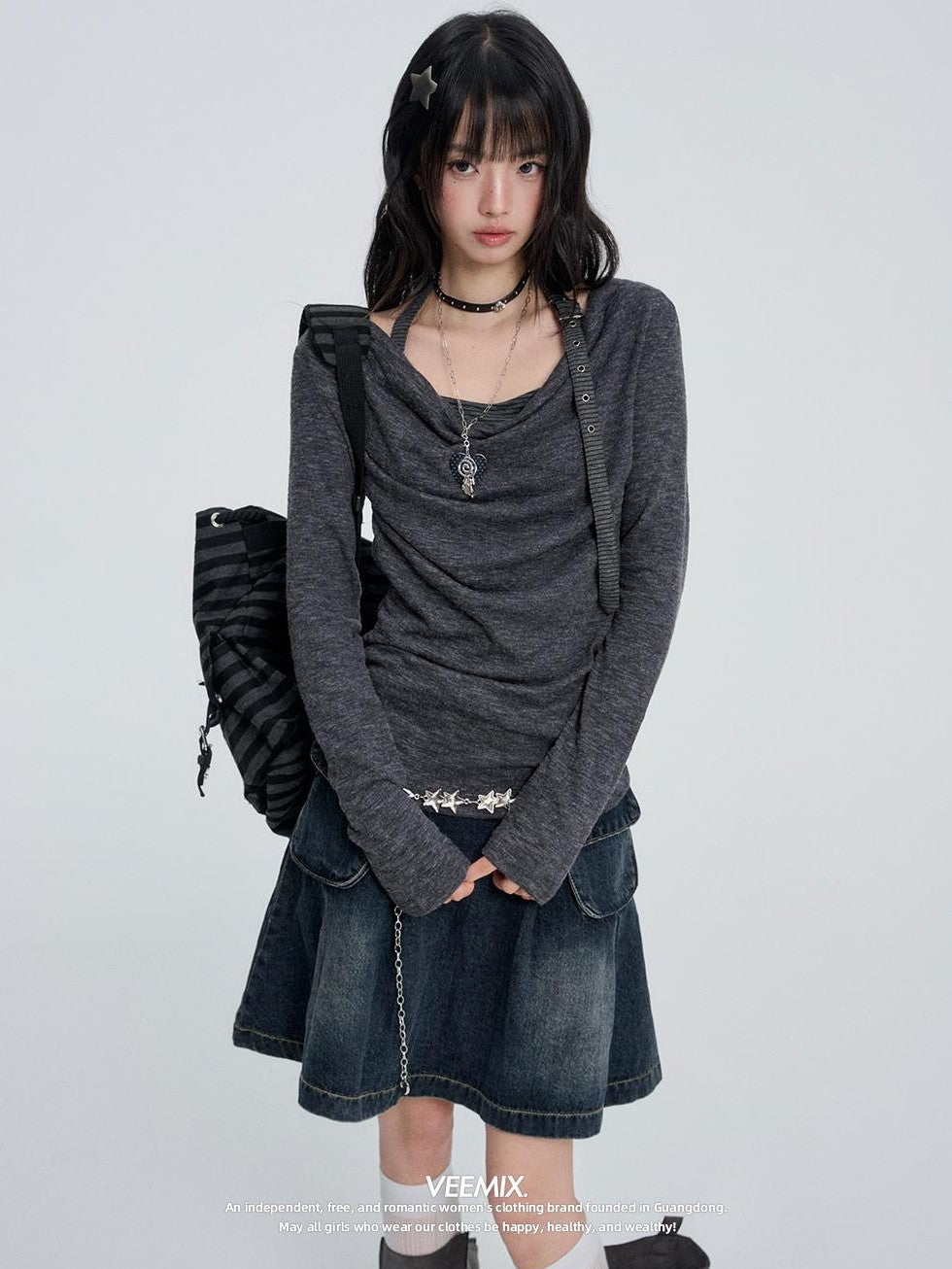 VEEMIX Gray Cowl Neck Halter Look Layered Women's Long Sleeve T-shirts