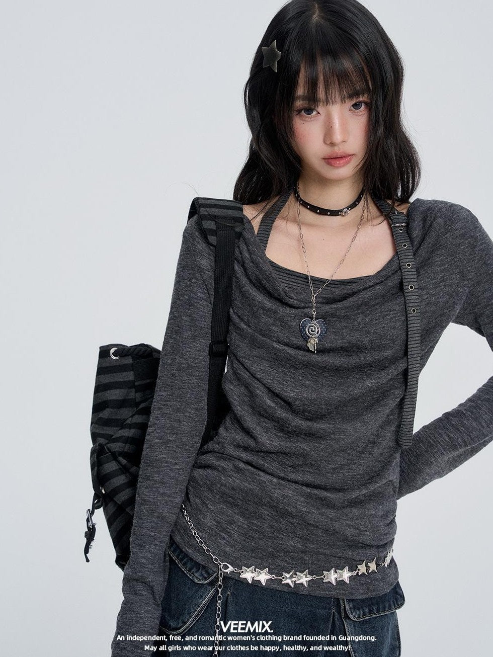 VEEMIX Gray Cowl Neck Halter Look Layered Women's Long Sleeve T-shirts