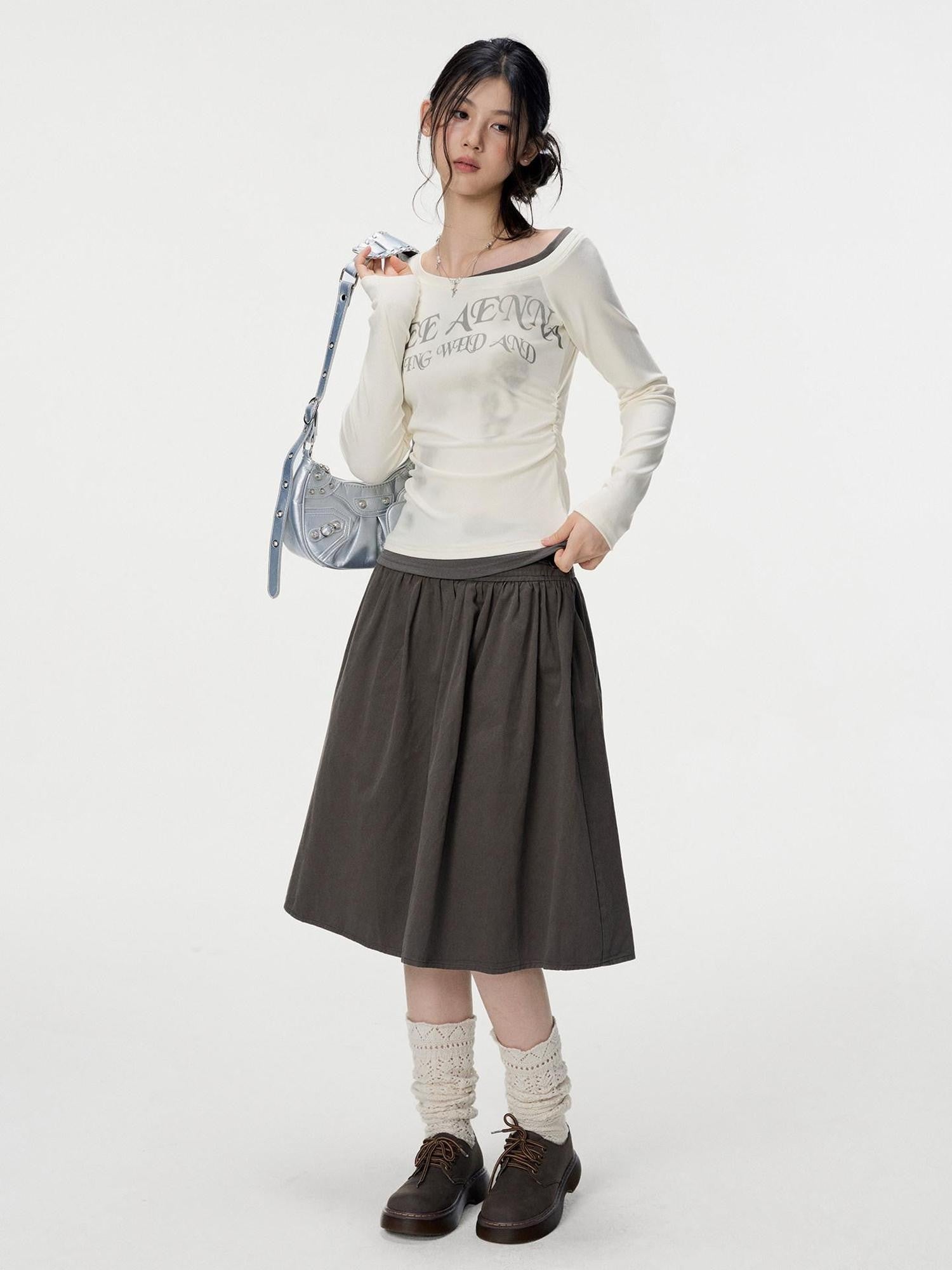 VEEMIX Gray Fake Layer Asymmetric Letter Print Women's Viscose Long Sleeve T-shirts