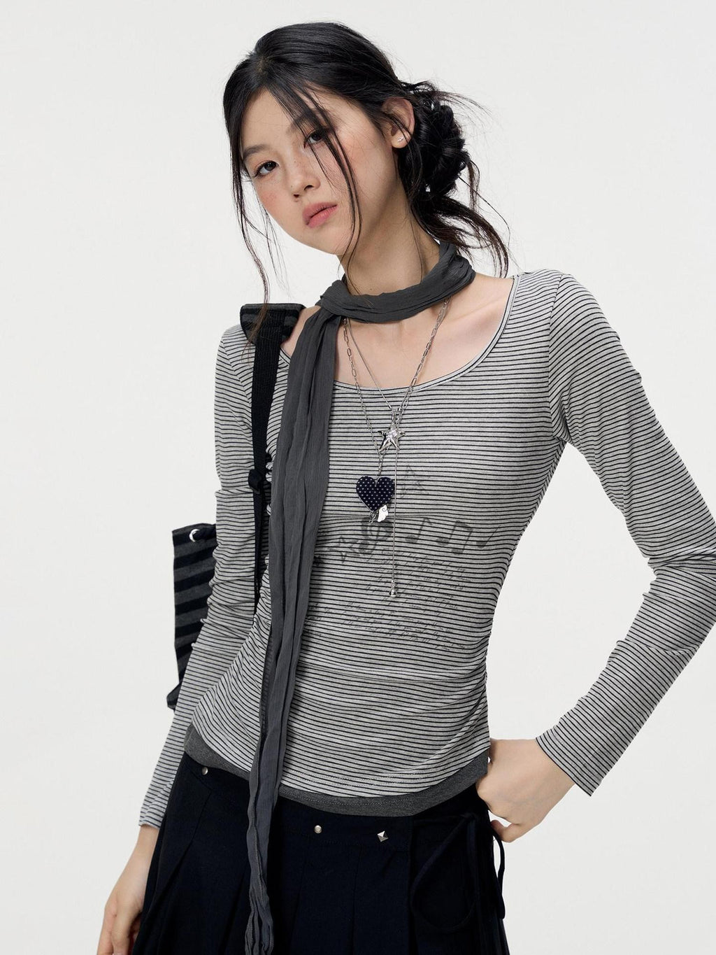 VEEMIX Gray Fine Stripe Ruched Fake Two Piece Women's Lyocell Long Sleeve T-shirts