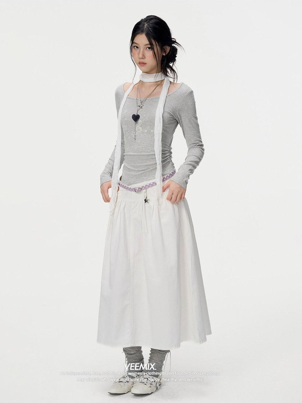 VEEMIX Gray Fine Stripe Ruched Fake Two Piece Women's Lyocell Long Sleeve T-shirts