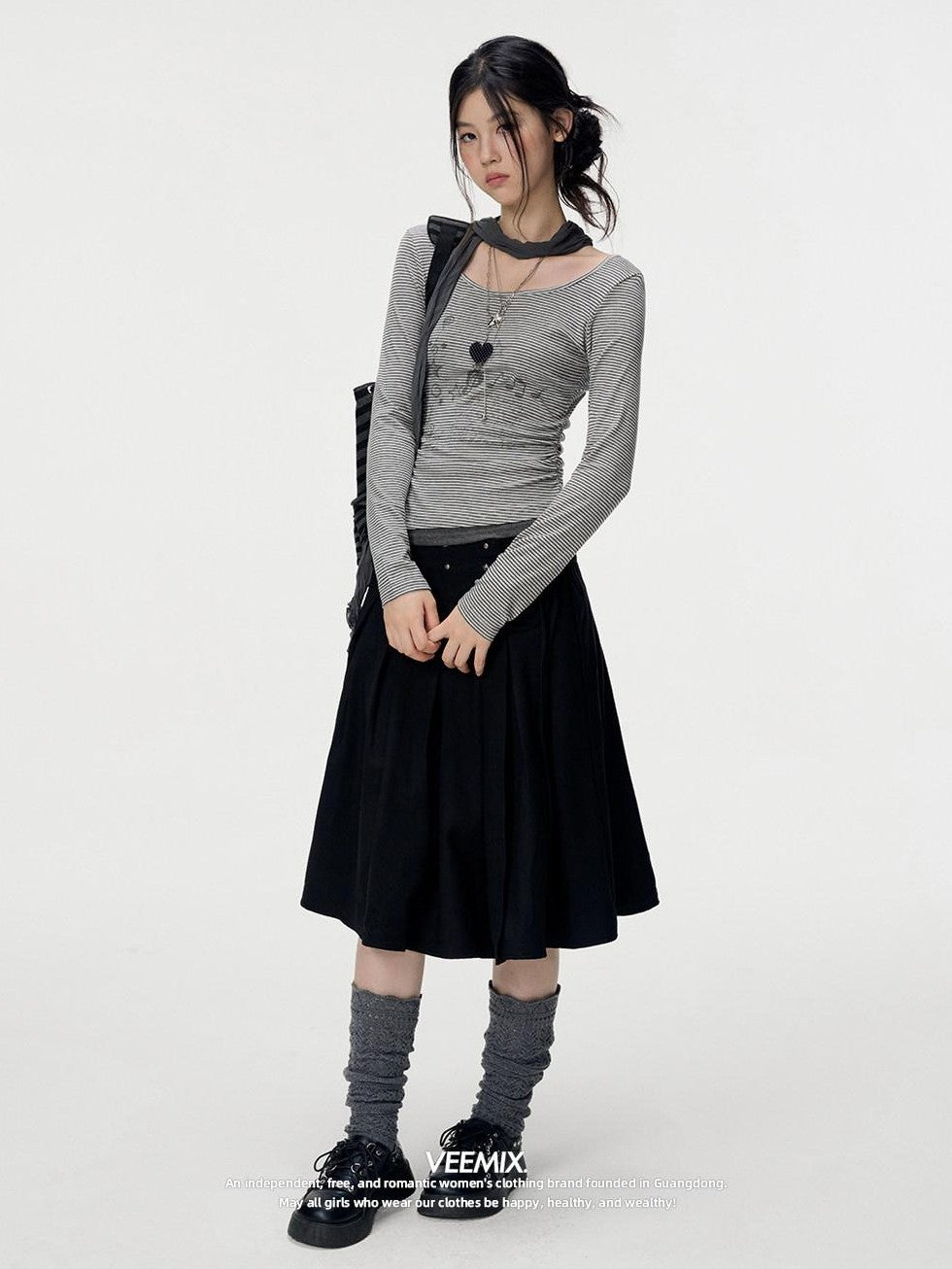 VEEMIX Gray Fine Stripe Ruched Fake Two Piece Women's Lyocell Long Sleeve T-shirts