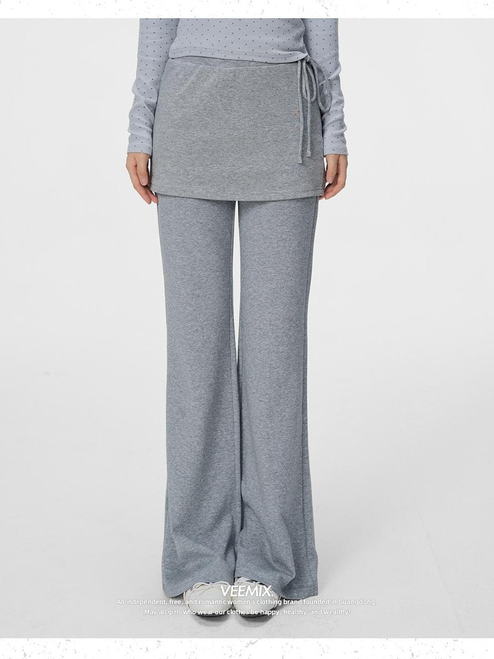 VEEMIX Gray Layered Look Straight Leg Lace Up High Waist Women's Sweatpants