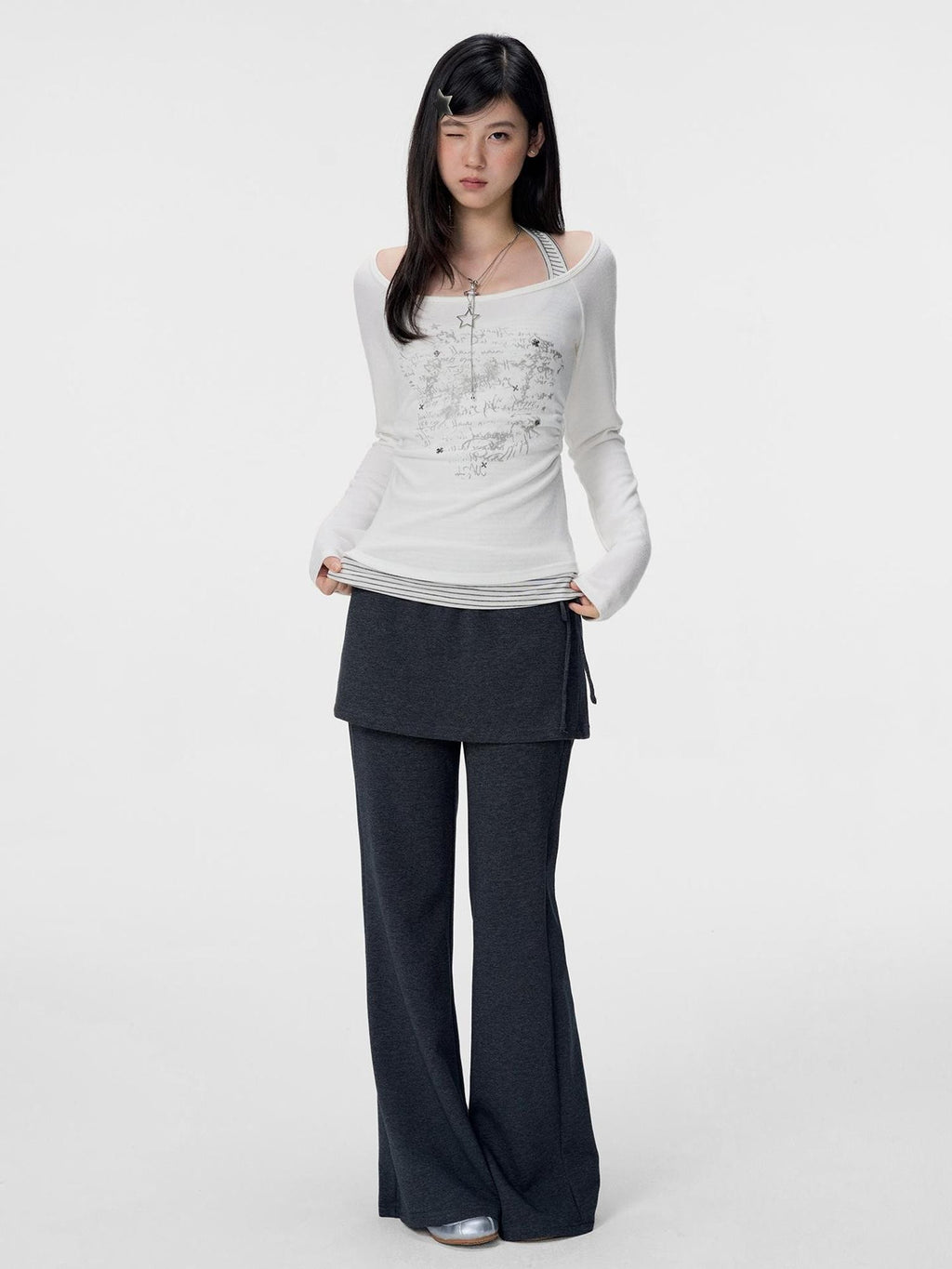VEEMIX Gray Layered Look Straight Leg Lace Up High Waist Women's Sweatpants