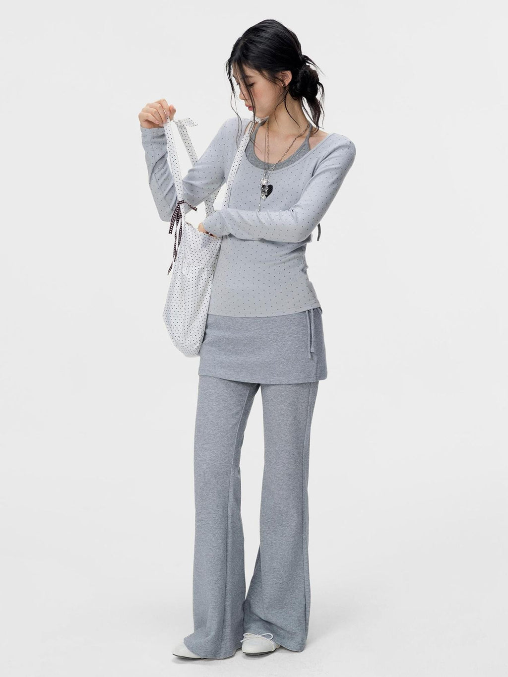 VEEMIX Gray Layered Look Straight Leg Lace Up High Waist Women's Sweatpants