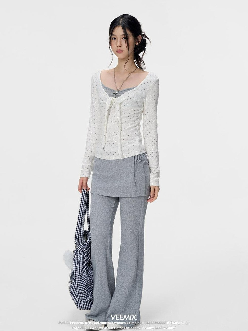 VEEMIX Gray Layered Look Straight Leg Lace Up High Waist Women's Sweatpants