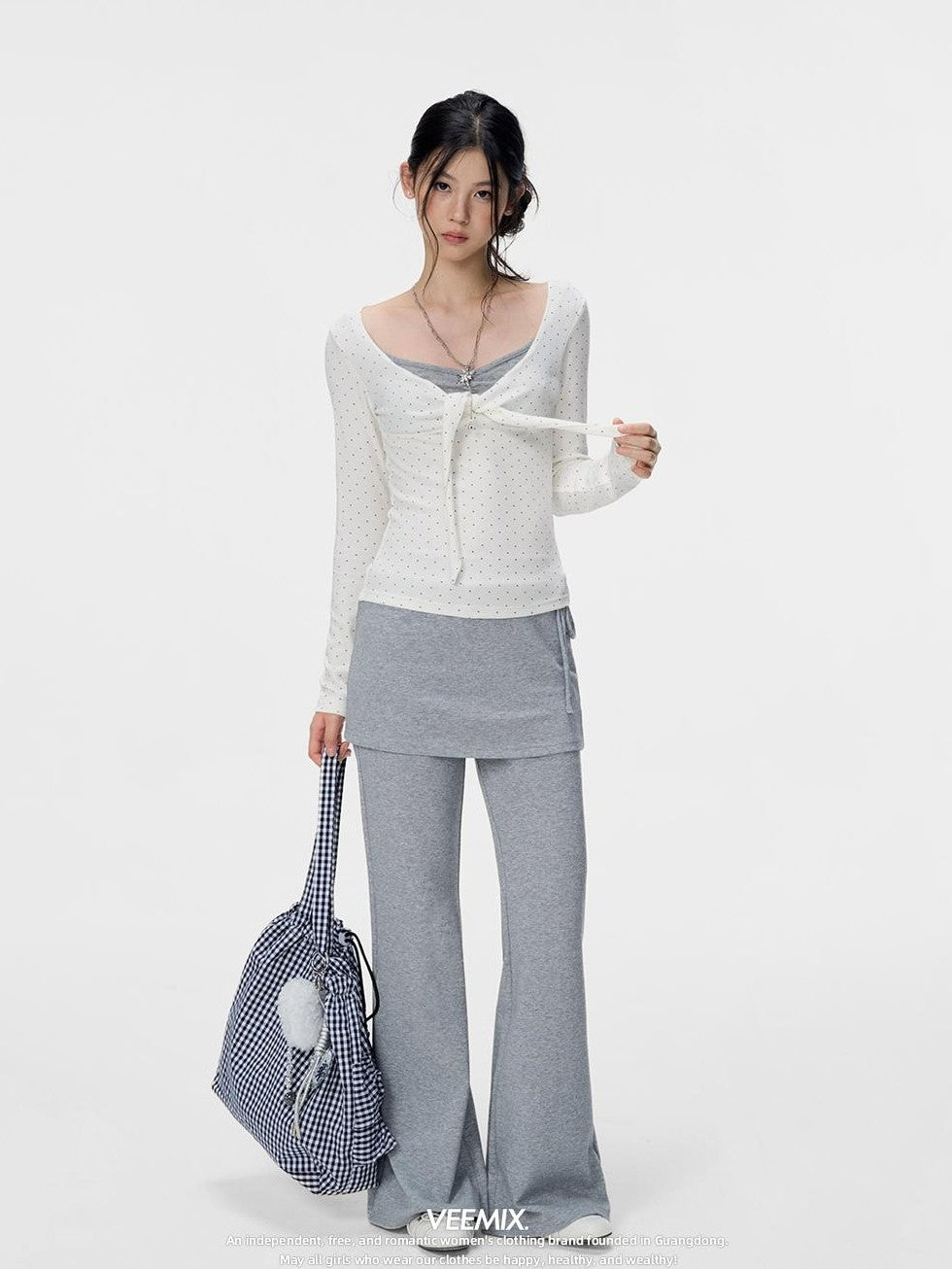 VEEMIX Gray Layered Look Straight Leg Lace Up High Waist Women's Sweatpants