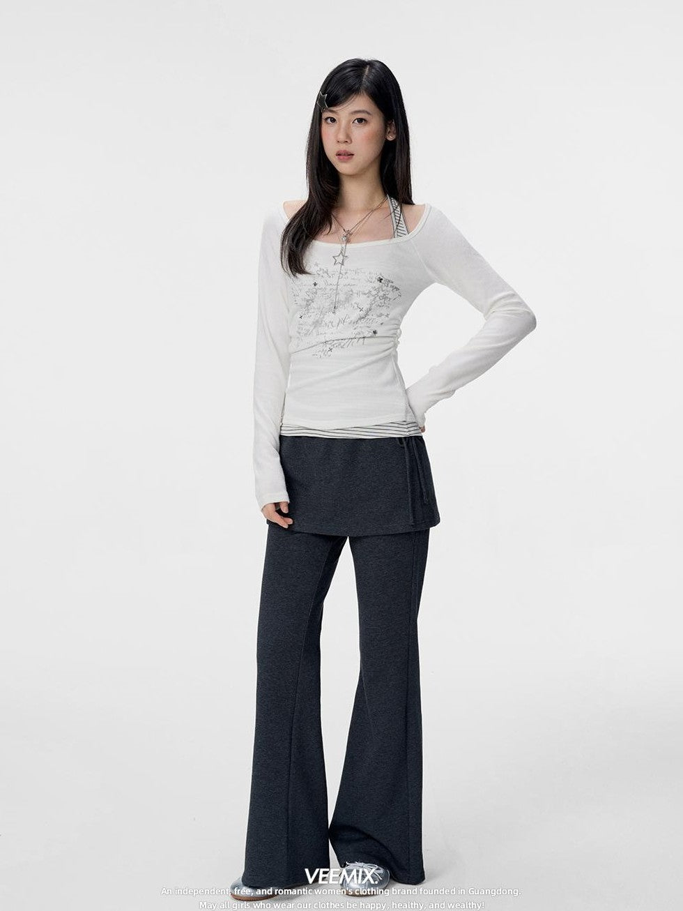 VEEMIX Gray Layered Look Straight Leg Lace Up High Waist Women's Sweatpants