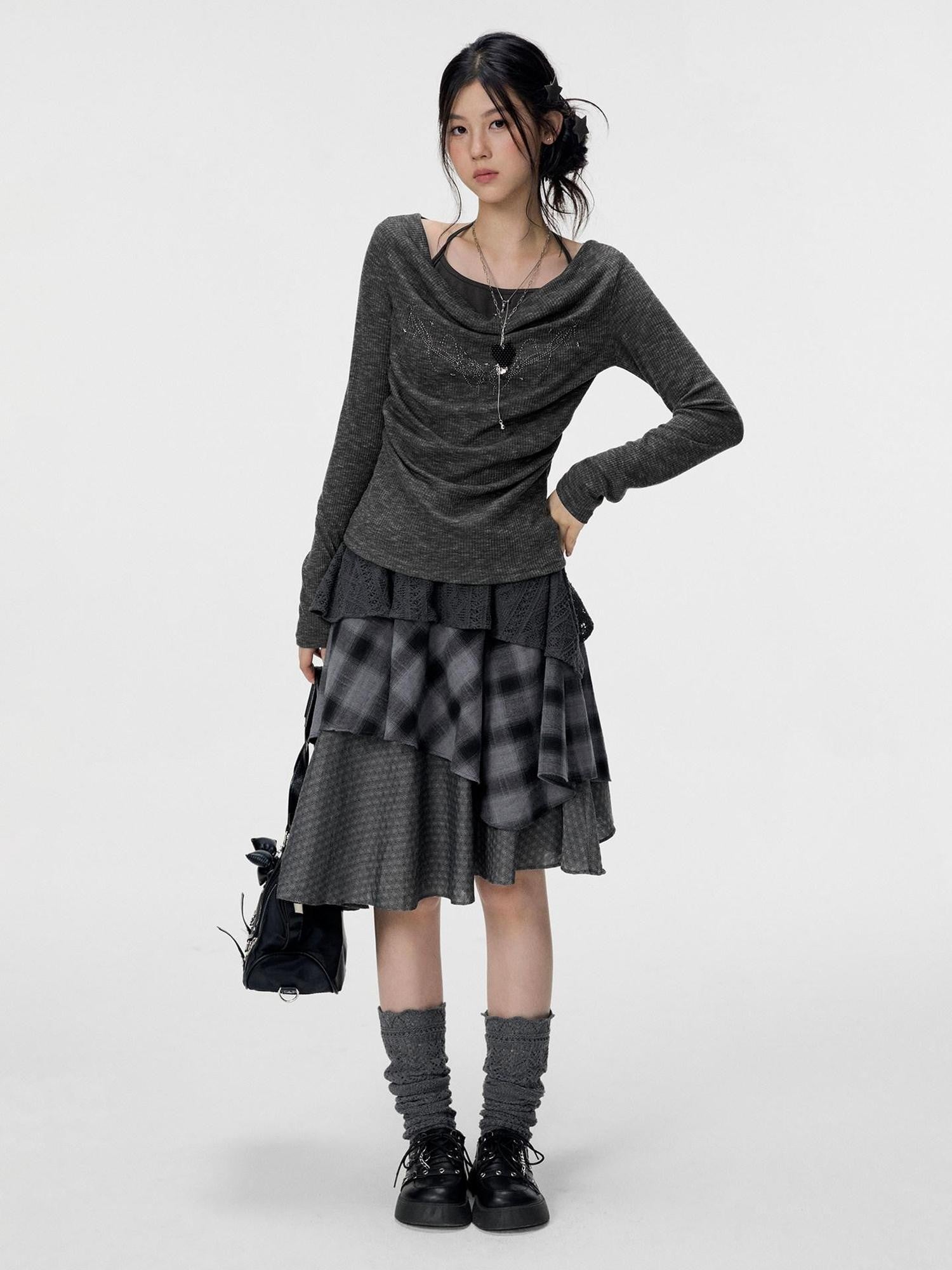 VEEMIX Gray Plaid Asymmetric High Waist Patchwork Women's Cotton Blend Midi Skirts
