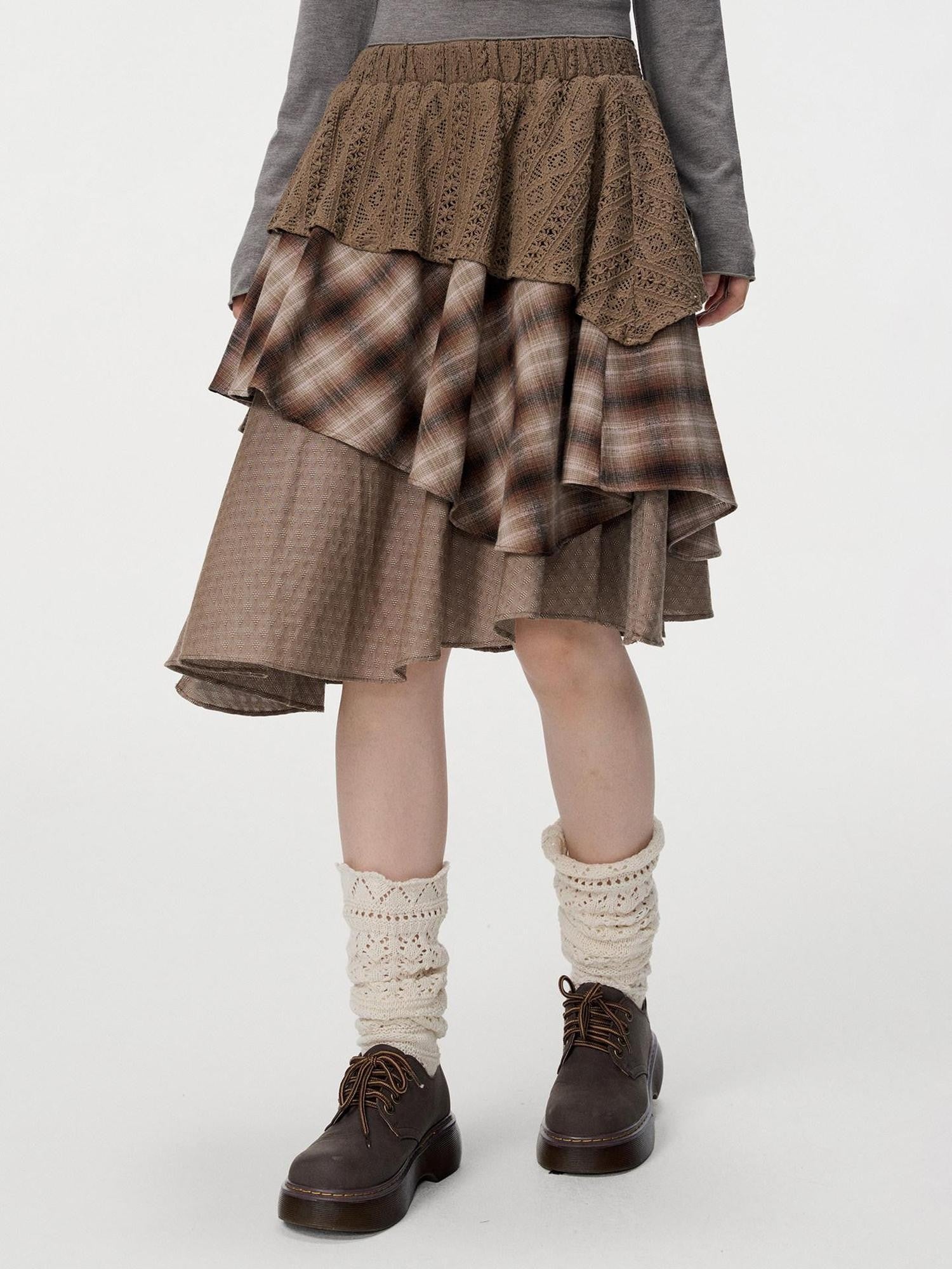 VEEMIX Gray Plaid Asymmetric High Waist Patchwork Women's Cotton Blend Midi Skirts