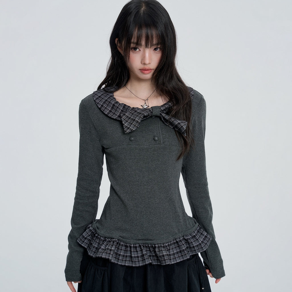 VEEMIX_Gray_Plaid_Bow_Patchwork_Preppy_Women's_Cotton_Long_Sleeve_T-shirts_1083644155587_MISSTT