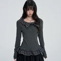 VEEMIX_Gray_Plaid_Bow_Patchwork_Preppy_Women's_Cotton_Long_Sleeve_T-shirts_1083644155587_MISSTT
