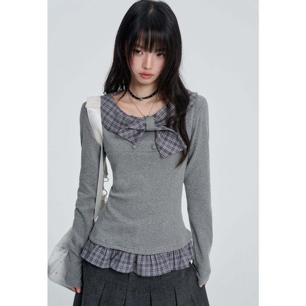 VEEMIX_Gray_Plaid_Bow_Patchwork_Preppy_Women's_Cotton_Long_Sleeve_T-shirts_1083644155587_MISSTT