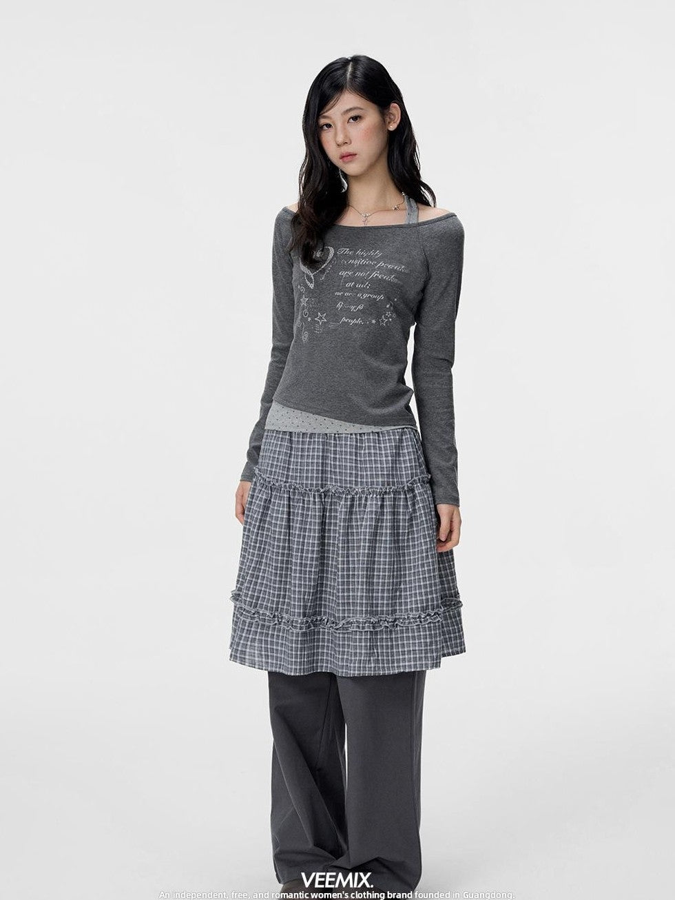 VEEMIX Gray Plaid Layered Look Sweet Style Women's Cotton Wide-leg Pants